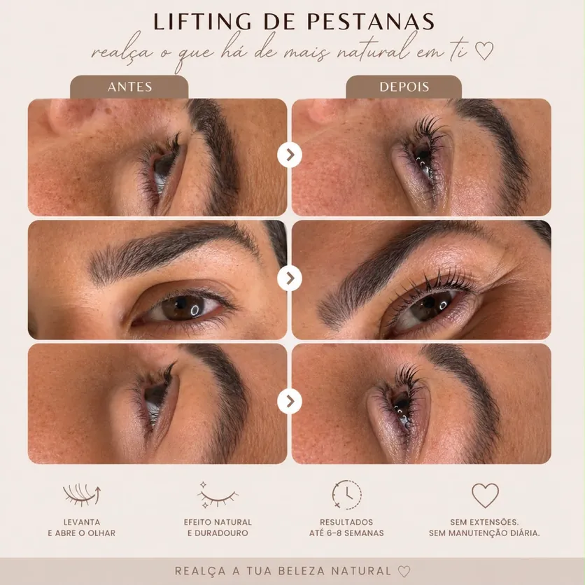 Lifting de pestanas, pestanas naturais levantadas e curvadas para um olhar mais aberto